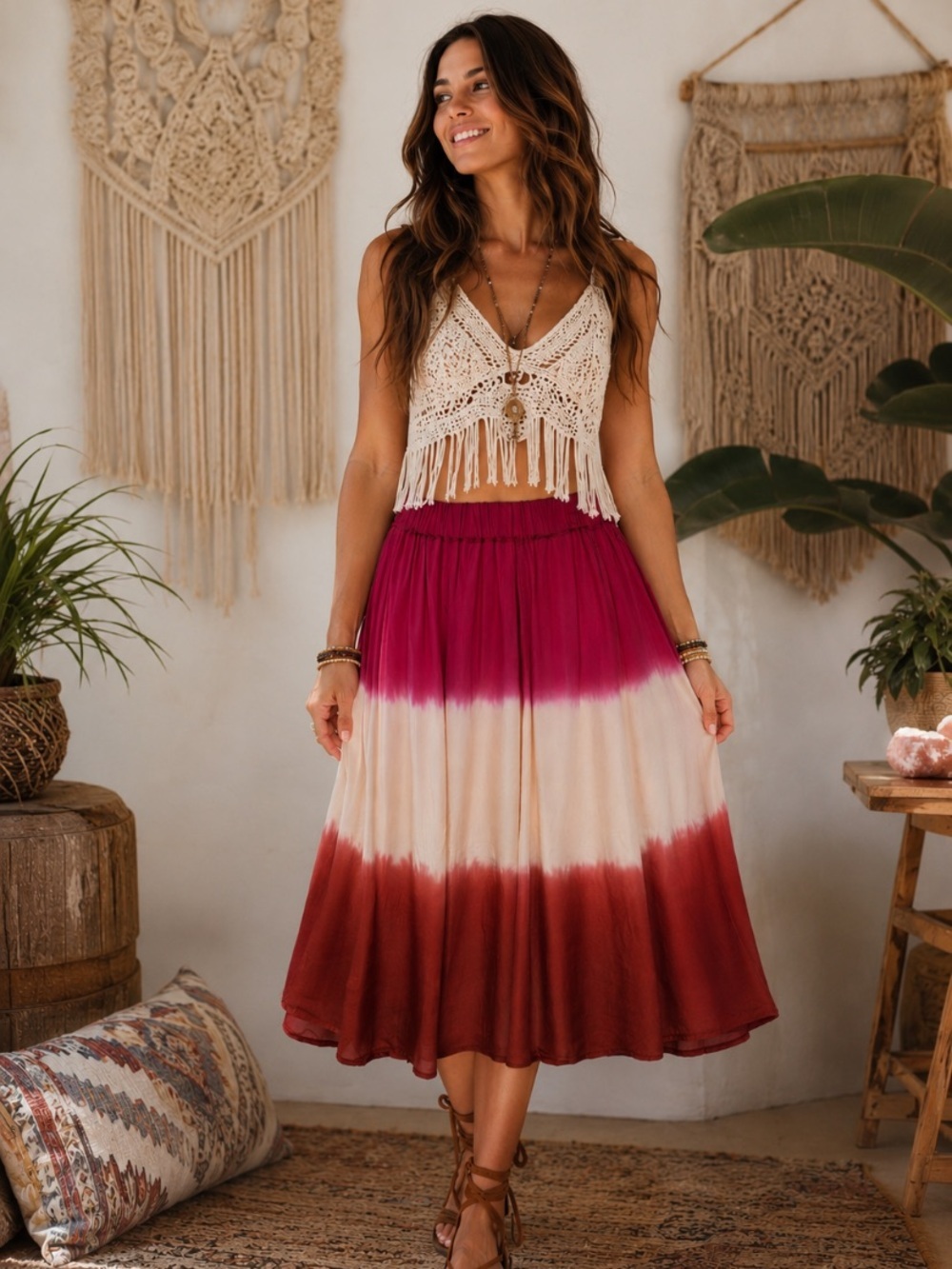 Maeve Anthropologie Fuchsia Cream Ombre Levana Boho Retro Midi Skirt Size M